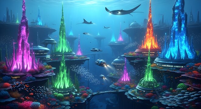 Underwater city ocean coral reef marine life future fantasy landscape aquatic world vibrant scenery