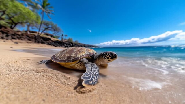 Sea turtle crawling on sandy beach towards ocean under clear blue sky