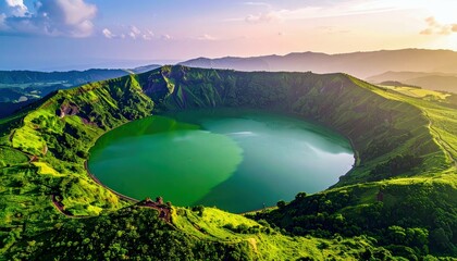 An aerial view of a stunning, vibrant green crater lake nestled within rolling, verdant hills, bathed in the warm glow of a sunset.