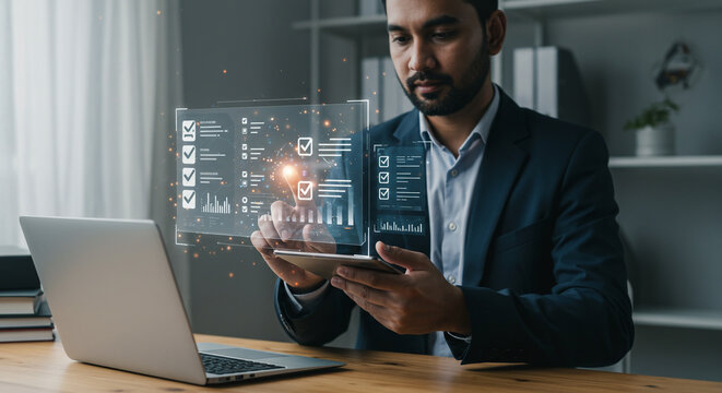 Professional businessman analyzing financial data on futuristic holographic interface, driving modern business decisions with digital insights.