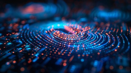 glowing blue data network with nodes and particles, immersive bokeh lights and deep depth of field, dynamic links suggesting ai computation and quantum