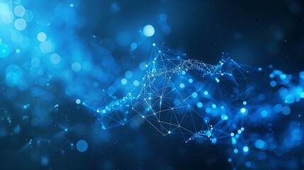 glowing blue data network with nodes and particles, immersive bokeh lights and deep depth of field, dynamic links suggesting ai computation and quantum