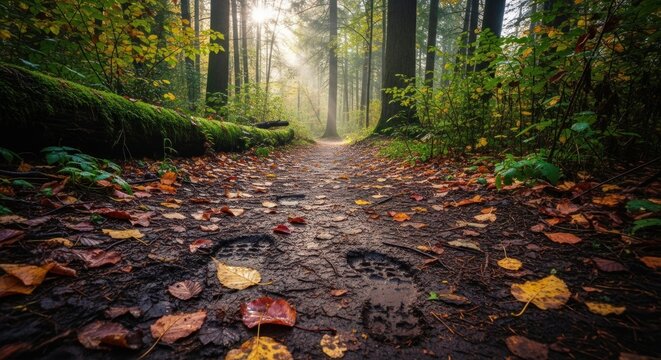 Autumn forest path with sunlight filtering through trees and fallen leaves.