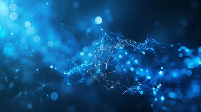 glowing blue data network with nodes and particles, immersive bokeh lights and deep depth of field, dynamic links suggesting ai computation and quantum