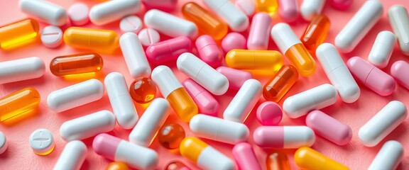 Close-up of assorted vitamin pills on soft salmon pink background, tablets, image