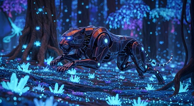 Robotic panther prowling through glowing forest at night digital art futuristic animal technology fantasy scene