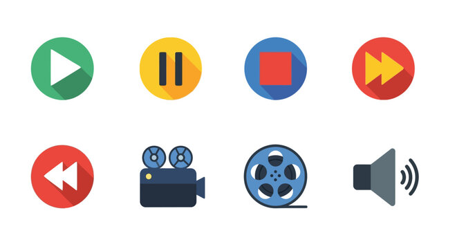 Minimalist multimedia control icons set featuring play, pause, stop, and more in flat design