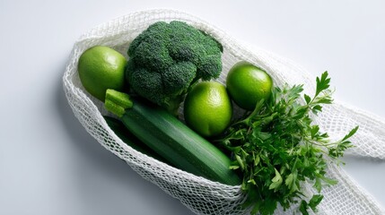 Fresh green vegetables in a net bag. Broccoli, green apples, zucchini, and parsley create a healthy composition. Perfect for food lovers. Attractive for organic lifestyle. AI