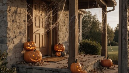 A spooky porch scene, featuring carved pumpkins, cobwebs, and autumnal ambiance