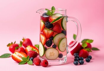 Pink background, glass pitcher of vibrant detox infused water with cucumber and berries,  healthy,   pitcher