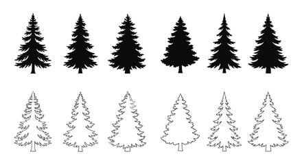 Obraz premium Minimal Christmas Tree Outline and Solid Icons Set