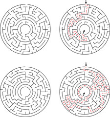 Two Circular Mazes With Solutions Highlighted In Red Lines 
