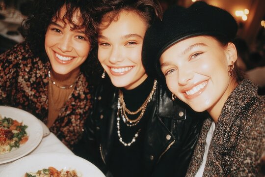 Three friends sharing joyful moments at dinner, surrounded by delicious food and laughter