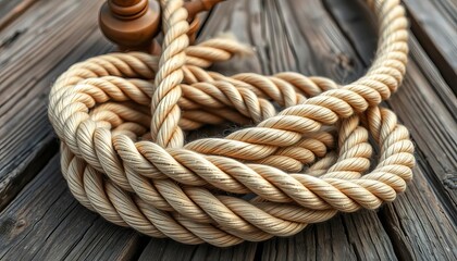 Thick ship rope coiled on aged, weathered wood,  marine,  close-up