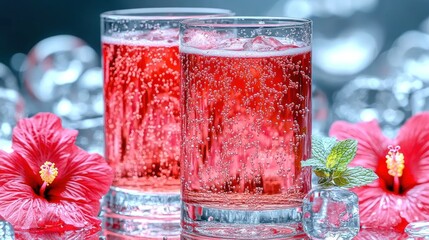 Chilled glasses of bubbly hibiscus drink sit on a shiny surface with flowers