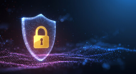 Secure digital shield with golden padlock and abstract network connections creating a modern cybersecurity concept