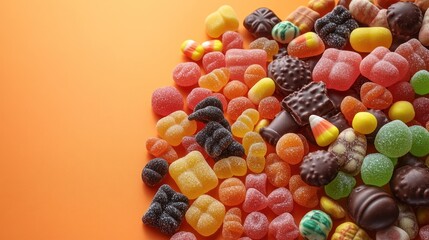 Colorful candies are scattered on a bright orange surface, tempting candy lovers