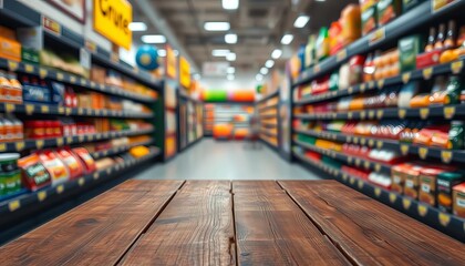 Empty rustic wooden table against blurred grocery store aisle background, blur, empty