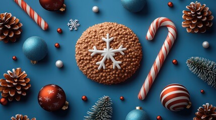 Brightly colored holiday treats and ornaments arranged creatively on a blue surface