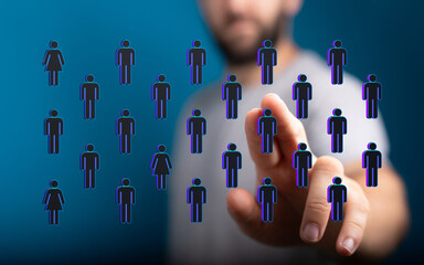 Man's hand interacting with digital icons. Representing connections, communication, or virtual teamwork and inn