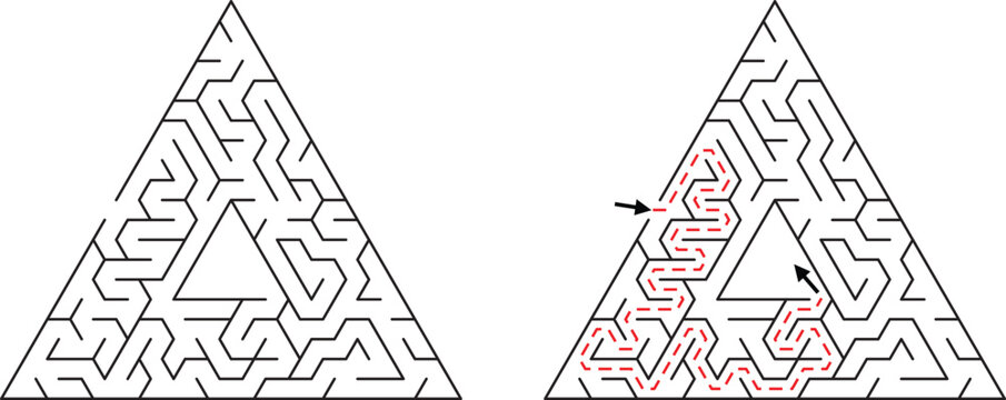 Two triangular mazes one solved with red dashed line and arrows labyrinth puzzle