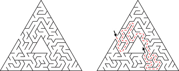 Two triangular mazes one solved with red dashed line and arrows labyrinth puzzle