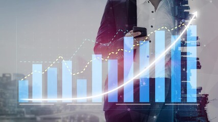A businessman in a suit uses a smartphone while analyzing financial graphs and data in an urban setting, showcasing modern business trends and analytics. Copula - Powered by Adobe