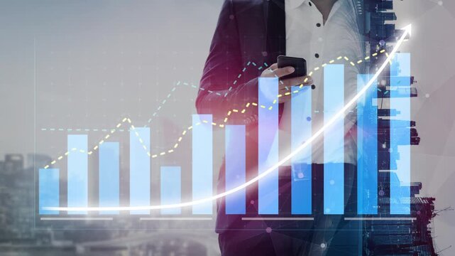 A businessman in a suit uses a smartphone while analyzing financial graphs and data in an urban setting, showcasing modern business trends and analytics. Copula - Powered by Adobe