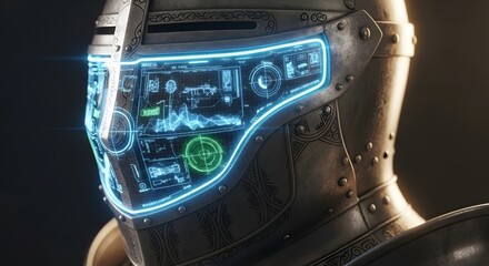 Futuristic knight helmet visor interface armor technology digital screen display cybernetic metal