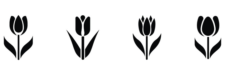 Collation of black tulip silhouette icons set. Black vector of stylized tulip flowers in various style. Spring bloom symbol. Minimalist nature icon collection. Vector illustration.