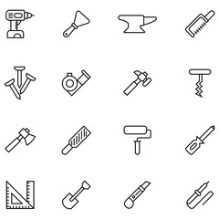 Set of tool box line icons. Containing cutting, scythe, hatchet, knife, sickle, ruler, plunger, service, drill and more. Flat vector simple elements. Service repair tool icons. Vector illustration.
