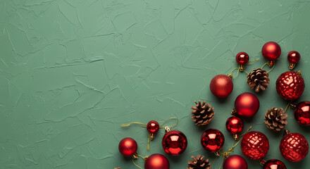 TRADITIONAL HOLIDAY DECORATIONS: RED CHRISTMAS BAUBLES AND PINE CONES ON SAGE GREEN TEXTURE