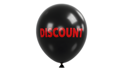 Black balloon with the word discount in red letters, isolated on transparent background