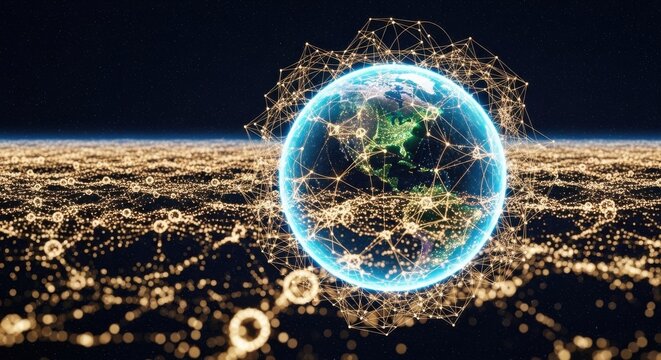 Global connectivity visualized through glowing networks surrounding the Earth in a digital landscape at night