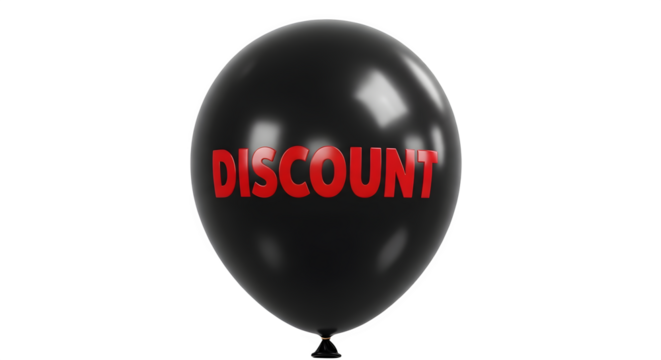 Black balloon with the word discount in red letters, isolated on transparent background