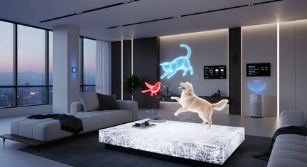 Plakat Luxury apartment interior design with pets dog cat bird hologram modern technology lifestyle home decor
