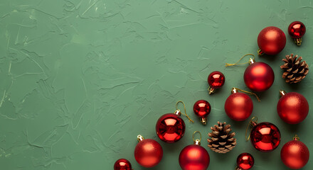 CHRISTMAS EVE DISPLAY: RED GLITTER BAUBLES AND PINE CONES ON DARK GREEN TEXTURED BACKGROUND FOR FESTIVE COPY SPACE