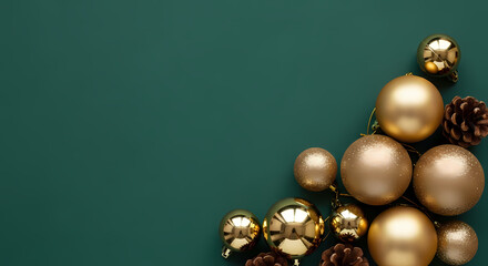 ELEGANT GOLD CHRISTMAS ORNAMENTS AND PINECONES ON DEEP GREEN BACKGROUND WITH COPY SPACE