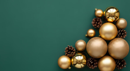 LUXURY GOLD CHRISTMAS BALLS AND PINECONES ON ELEGANT EMERALD GREEN BACKGROUND WITH COPY SPACE