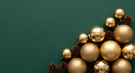 ELEGANT GOLD CHRISTMAS DECORATIONS ON DARK GREEN BACKGROUND WITH COPY SPACE