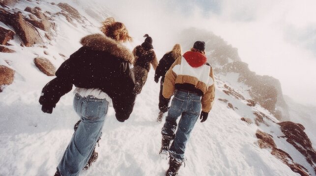 Snowy mountain hike showcases adventurous group navigating rugged terrain together