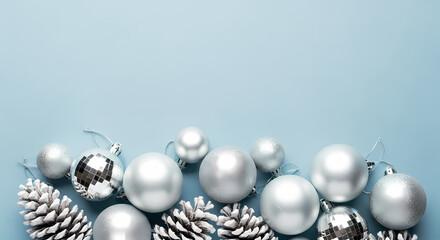 WINTER HOLIDAY BORDER WITH SILVER CHRISTMAS ORNAMENTS AND FROSTED PINE CONES ON LIGHT BLUE
