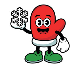 A smiling red mitten character holds a snowflake against a white background.