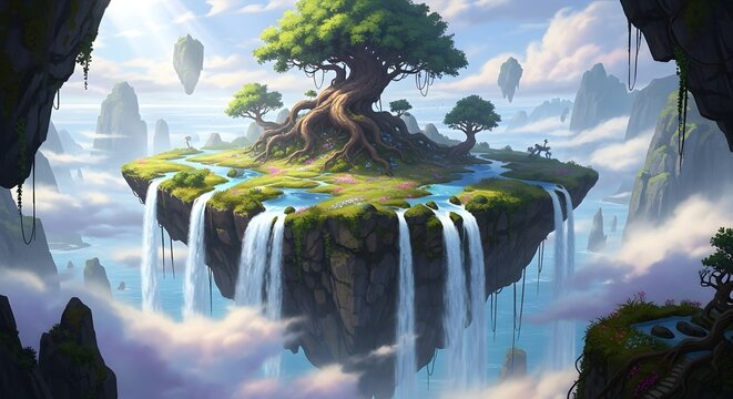 Floating island fantasy landscape waterfall trees sky nature art digital painting ethereal serene scenic