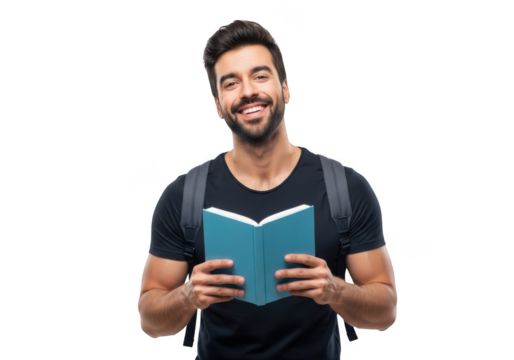 A happy young man with a beard wearing a black t shirt and backpack holding an open blue book isolated on transparent background