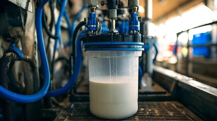 A milking machine attached to the udder, with clean equipment and fresh milk in a clear tank.