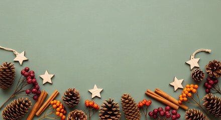NATURAL CHRISTMAS DECORATIONS FRAME WITH CINNAMON, BERRIES, AND PINE CONES ON SAGE GREEN BACKGROUND