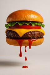 
A hyper-realistic 3D burger with thick ketchup dripping down naturally, captured in 8K studio lighting with rich textures and clean background.