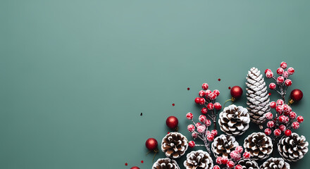 WINTER HOLIDAY FLAT LAY WITH PINE CONES, FROSTED BERRIES, AND RED ORNAMENTS ON A TEAL BACKGROUND
