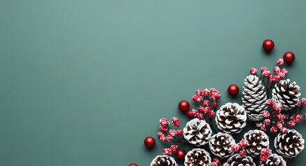 WINTER HOLIDAY FLAT LAY BACKGROUND WITH FROSTED PINE CONES AND RED BERRIES ON TEAL PAPER